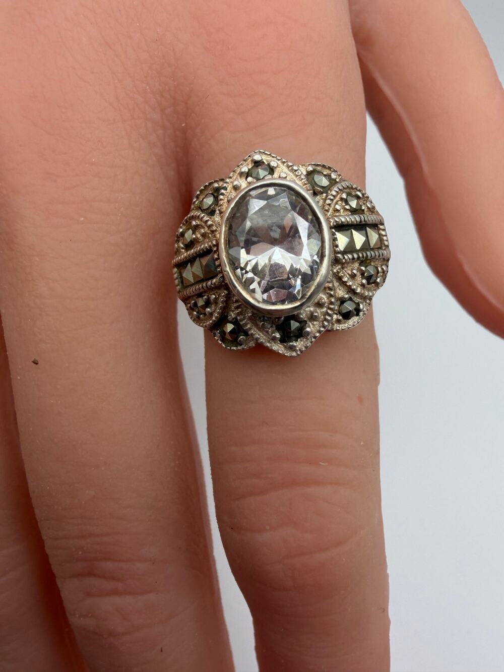 Sterling Silver White Quartz and Marcasite Ring Signed size 8